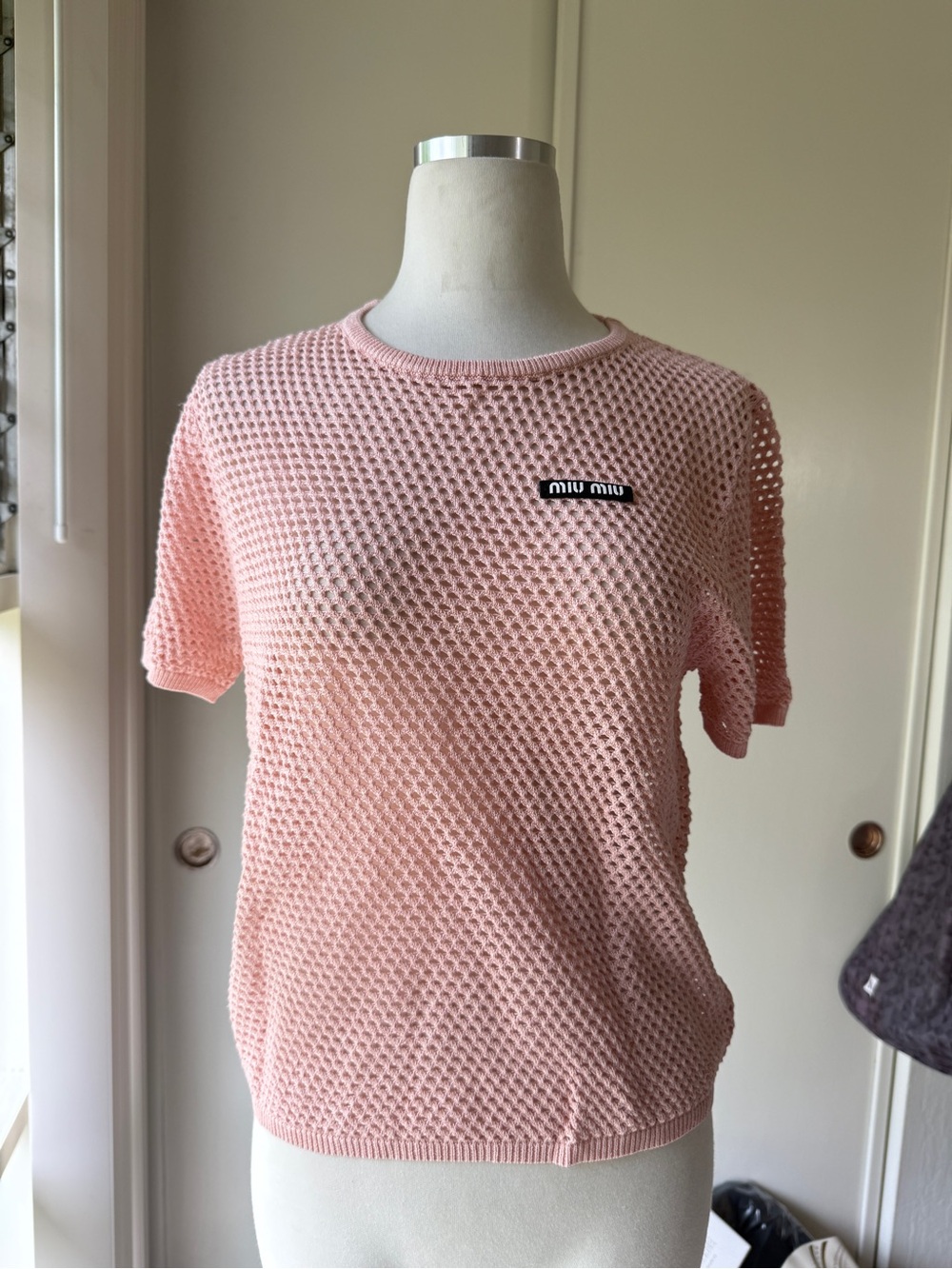 Miu Miu Light Pink Open-Weave Short Sleeve Knit Top